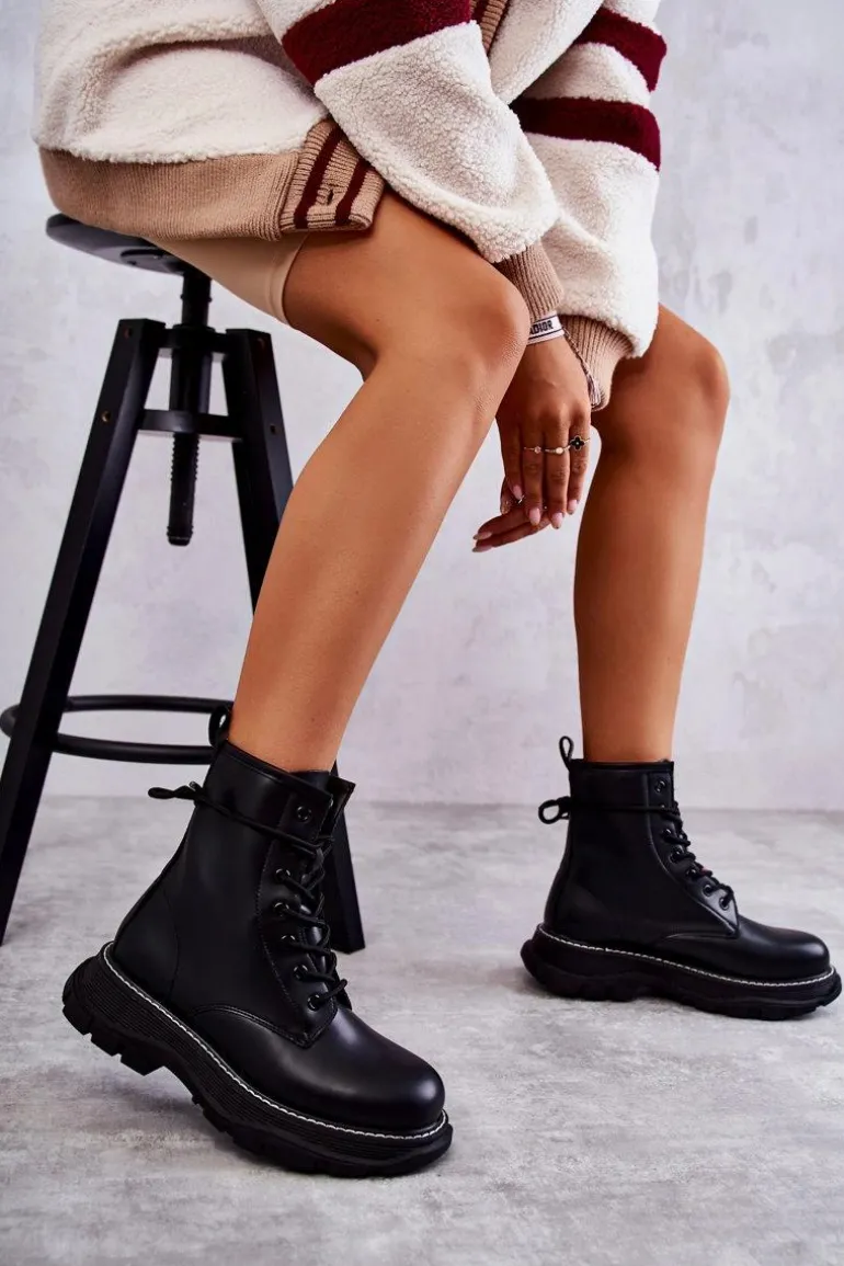 Modne Skórzane Botki Glany Czarne Casso