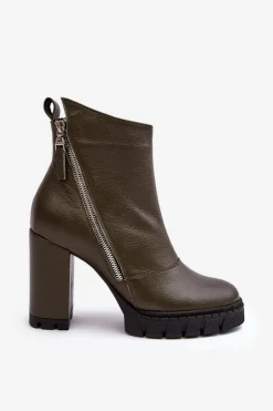 Modne Skórzane Botki Na Obcasie Laura Messi 2509 Ciemnozielone