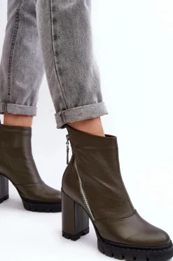Modne Skórzane Botki Na Obcasie Laura Messi 2509 Ciemnozielone