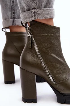 Modne Skórzane Botki Na Obcasie Laura Messi 2509 Ciemnozielone