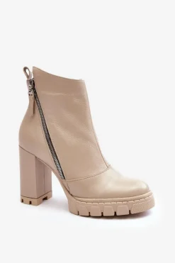 Modne Skórzane Botki Na Obcasie Laura Messi 2509 Jasnobeżowe