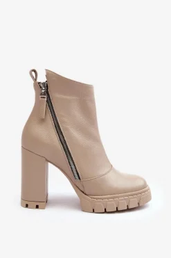 Modne Skórzane Botki Na Obcasie Laura Messi 2509 Jasnobeżowe