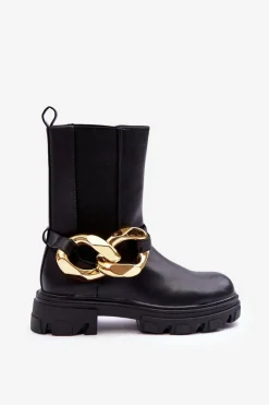 Modne Skórzane Botki Sztyblety z Łańcuchem Czarne Kambiz