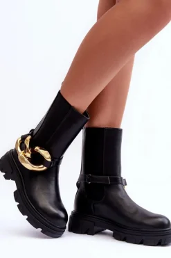 Modne Skórzane Botki Sztyblety z Łańcuchem Czarne Kambiz