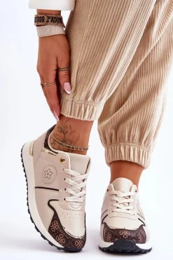 Modne Skórzane Buty Sportowe Beżowo-Brązowe Rachel