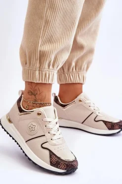 Modne Skórzane Buty Sportowe Beżowo-Brązowe Rachel