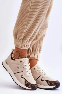 Modne Skórzane Buty Sportowe Beżowo-Brązowe Rachel