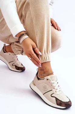 Modne Skórzane Buty Sportowe Beżowo-Brązowe Rachel