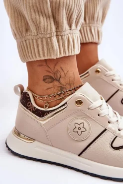 Modne Skórzane Buty Sportowe Beżowo-Brązowe Rachel