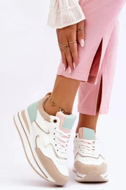 Modne Skórzane Buty Sportowe Biało-Beżowe Roen