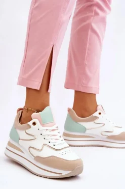 Modne Skórzane Buty Sportowe Biało-Beżowe Roen