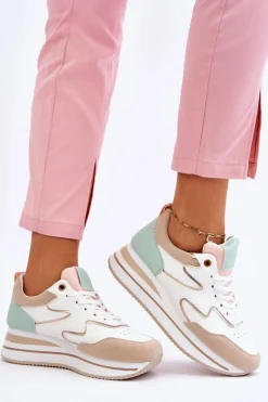 Modne Skórzane Buty Sportowe Biało-Beżowe Roen