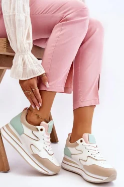 Modne Skórzane Buty Sportowe Biało-Beżowe Roen