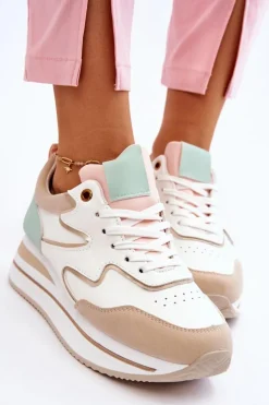 Modne Skórzane Buty Sportowe Biało-Beżowe Roen