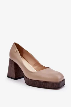 Modne Skórzane Czółenka Laura Messi 2599 Beżowe