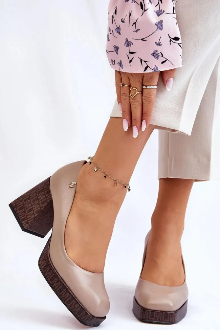 Modne Skórzane Czółenka Laura Messi 2599 Beżowe