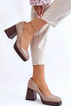 Modne Skórzane Czółenka Laura Messi 2599 Beżowe