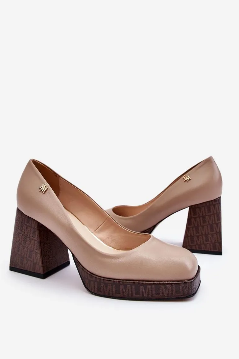 Modne Skórzane Czółenka Laura Messi 2599 Beżowe