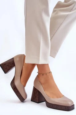 Modne Skórzane Czółenka Laura Messi 2599 Beżowe