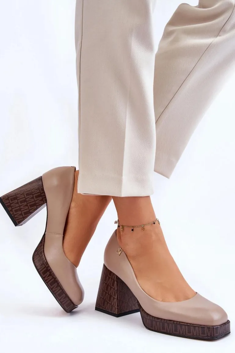 Modne Skórzane Czółenka Laura Messi 2599 Beżowe