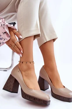 Modne Skórzane Czółenka Laura Messi 2599 Beżowe