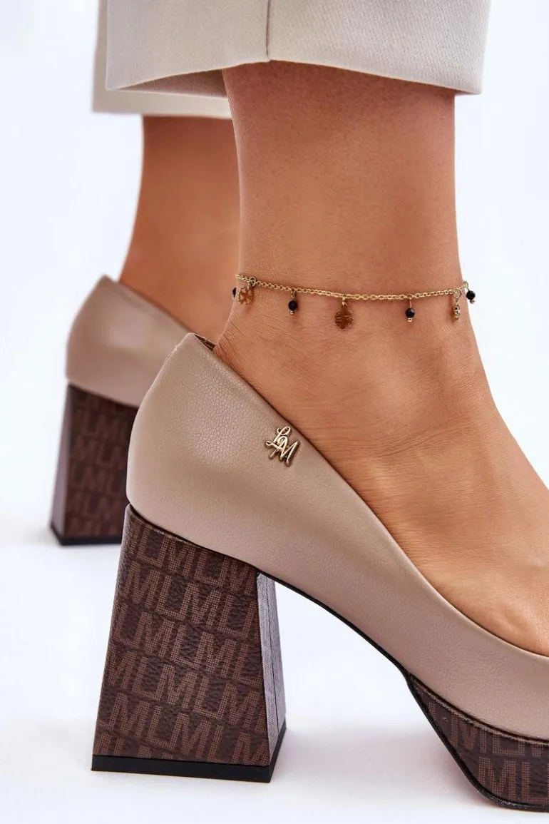 Modne Skórzane Czółenka Laura Messi 2599 Beżowe