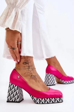 Modne Skórzane Czółenka Laura Messi 2599 Fuksja