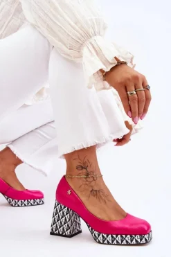 Modne Skórzane Czółenka Laura Messi 2599 Fuksja