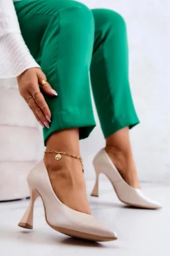 Modne Skórzane Czółenka Lewski Shoes 3181 Beżowe