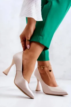 Modne Skórzane Czółenka Lewski Shoes 3181 Beżowe