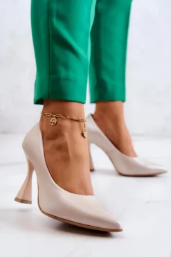 Modne Skórzane Czółenka Lewski Shoes 3181 Beżowe