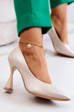 Modne Skórzane Czółenka Lewski Shoes 3181 Beżowe