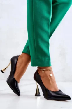 Modne Skórzane Czółenka Lewski Shoes 3083 Czarno-Złote