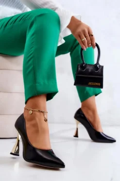 Modne Skórzane Czółenka Lewski Shoes 3083 Czarno-Złote