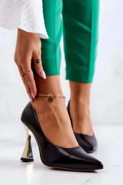 Modne Skórzane Czółenka Lewski Shoes 3083 Czarno-Złote