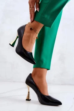 Modne Skórzane Czółenka Lewski Shoes 3083 Czarno-Złote