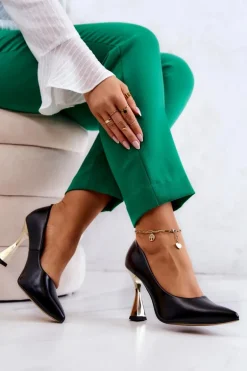 Modne Skórzane Czółenka Lewski Shoes 3083 Czarno-Złote