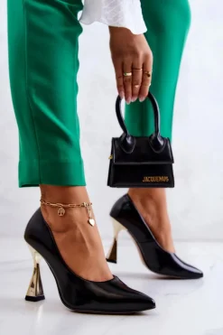 Modne Skórzane Czółenka Lewski Shoes 3083 Czarno-Złote