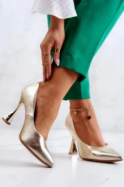 Modne Skórzane Czółenka Lewski Shoes 3181 Złote