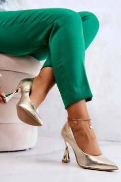 Modne Skórzane Czółenka Lewski Shoes 3181 Złote