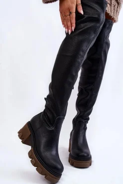 Modne Skórzane Damskie Kozaki Za Kolano Czarne Lemar Venise