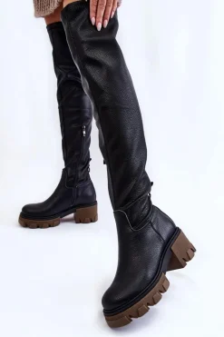 Modne Skórzane Damskie Kozaki Za Kolano Czarne Lemar Venise