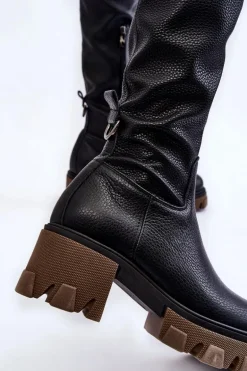 Modne Skórzane Damskie Kozaki Za Kolano Czarne Lemar Venise