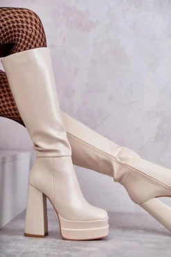 Modne Skórzane Kozaki Na Masywnym Obcasie Beżowe Meggie