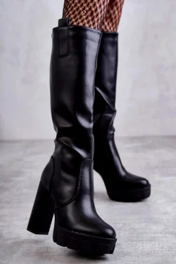Modne Skórzane Kozaki Na Platformie Czarne Isabell