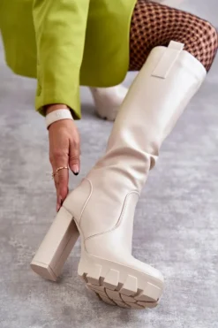 Modne Skórzane Kozaki Na Platformie Beżowe Isabell