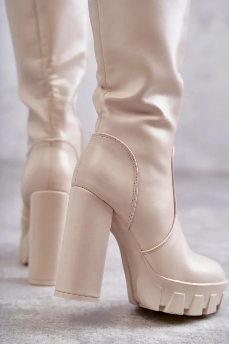 Modne Skórzane Kozaki Na Platformie Beżowe Isabell