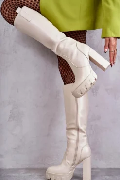 Modne Skórzane Kozaki Na Platformie Beżowe Isabell