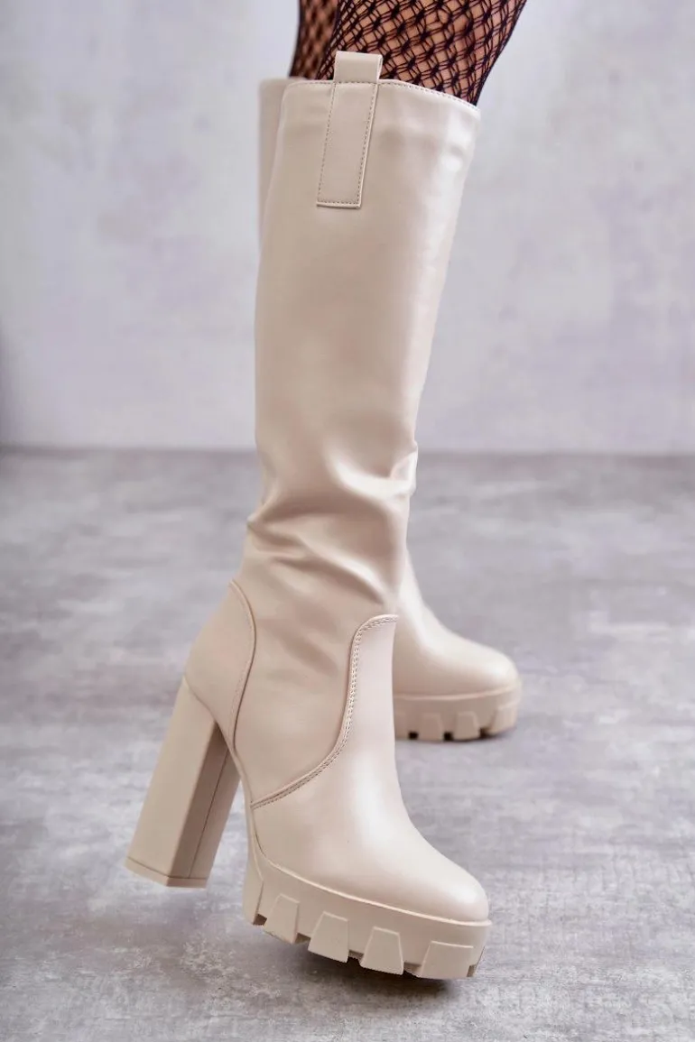 Modne Skórzane Kozaki Na Platformie Beżowe Isabell