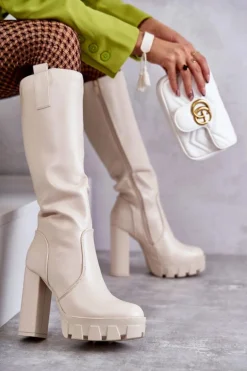 Modne Skórzane Kozaki Na Platformie Beżowe Isabell